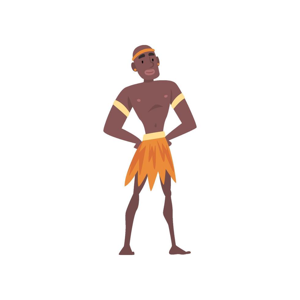 Native Black Skinned Man in Traditional Clothes, African or Australian Aborigine Cartoon Character Illustration vector