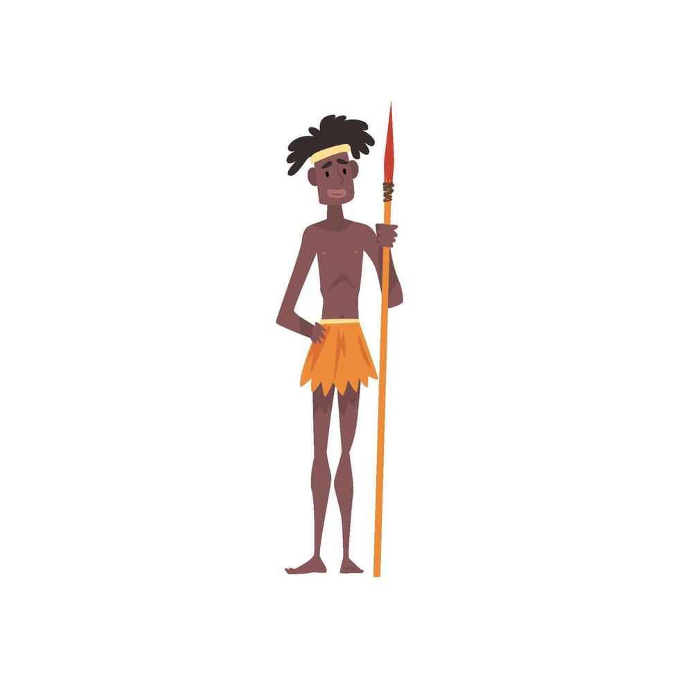 Native Black Skinned Man in Traditional Costume, Male Australian Aborigine Cartoon Character with Spear Illustration vector