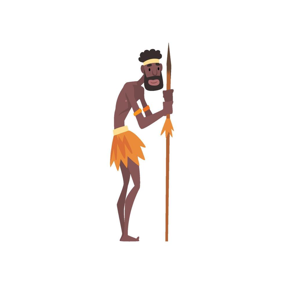 Native Black Skinned Man in Traditional Costume with Spear, African or Australian Aborigine Cartoon Character Illustration vector