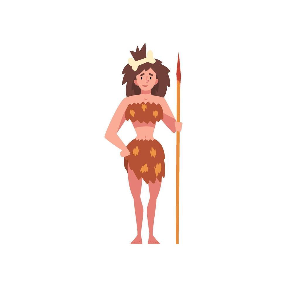 Prehistoric Girl Standing with Spear, Primitive Stone Age Cavewoman Cartoon Character Illustration vector