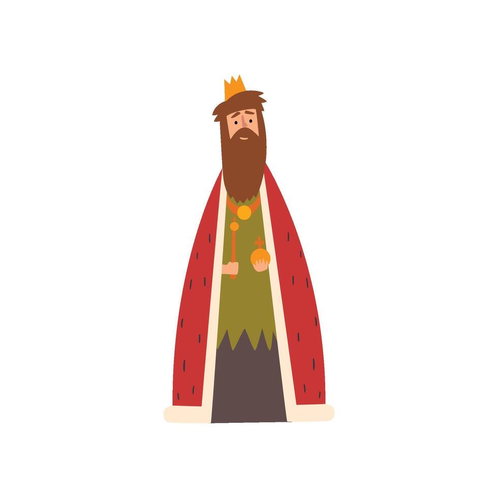 King in Golden Crown and Red Mantle, European Medieval Character Illustration vector