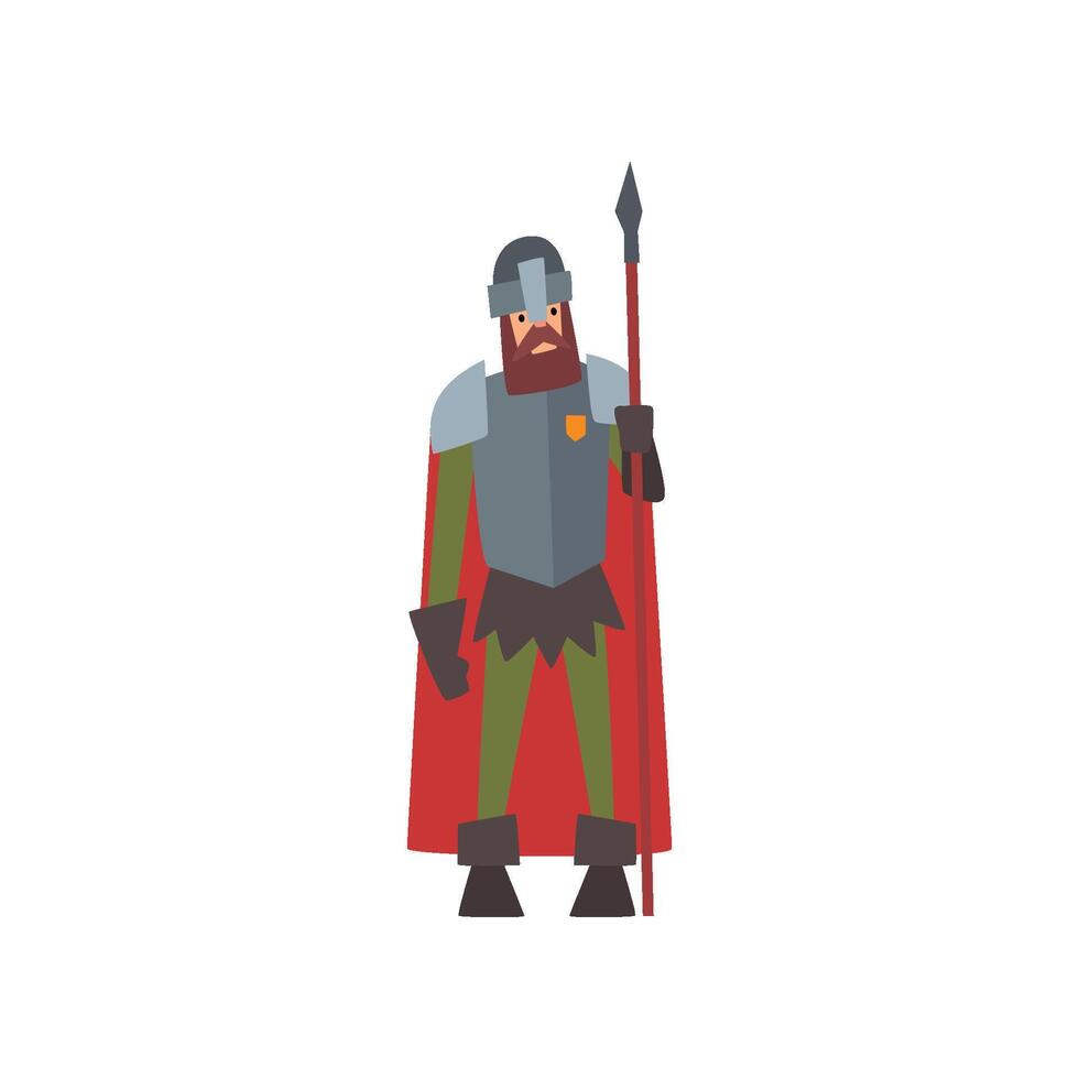 Medieval Armored Knight Warrior Character in Red Cape with Spear Illustration vector