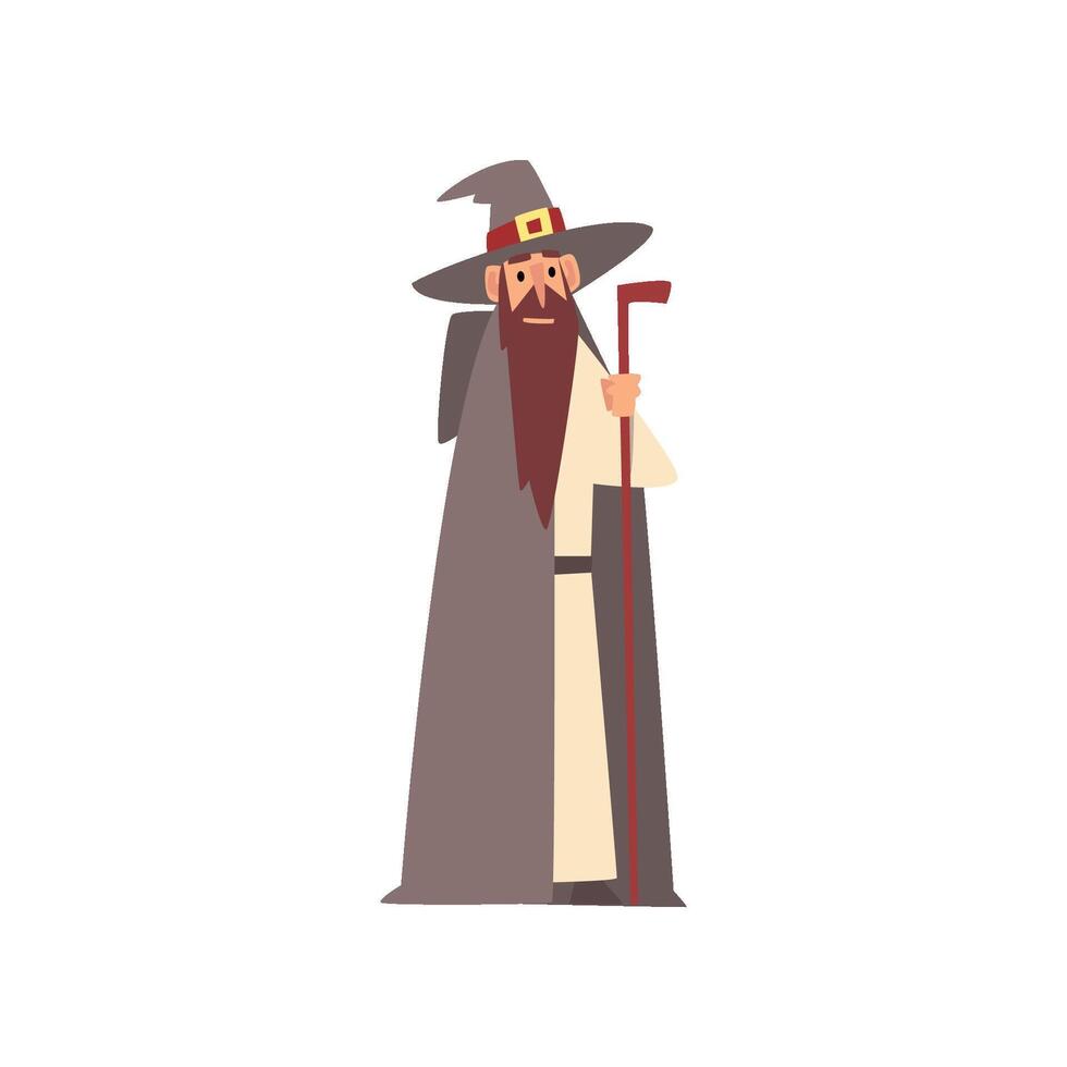 Medieval Wizard Character, Man Wearing Mantle and Pointed Hat With Magic Staff Illustration vector