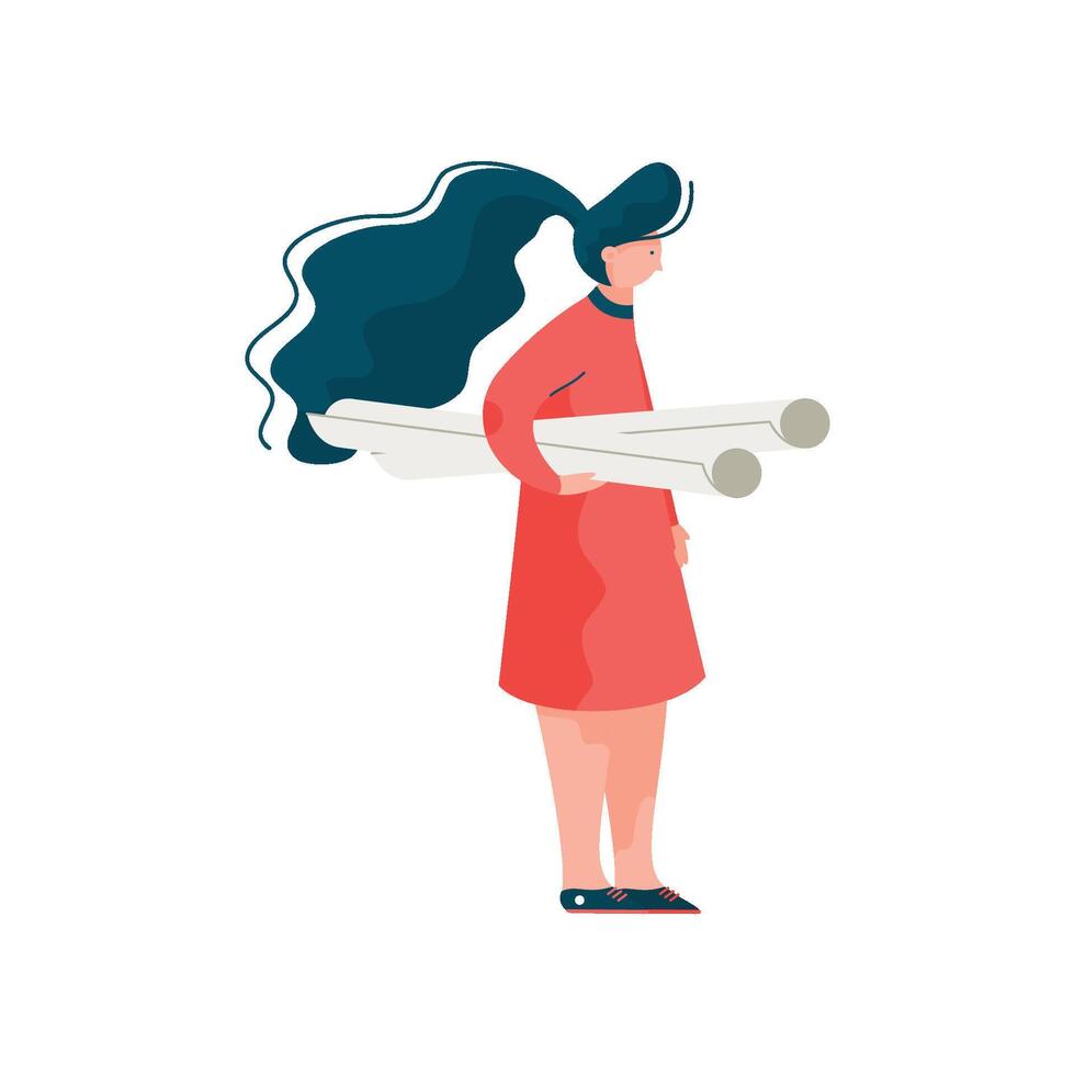 Woman Architect with Project Paper Rolls, Female Professional Engineer Character Illustration vector