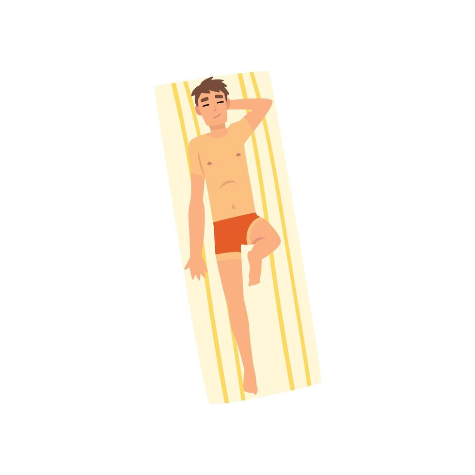 Man Sunbathing on Beach Towel, Top View of Lying Guy in Swimwear Illustration vector