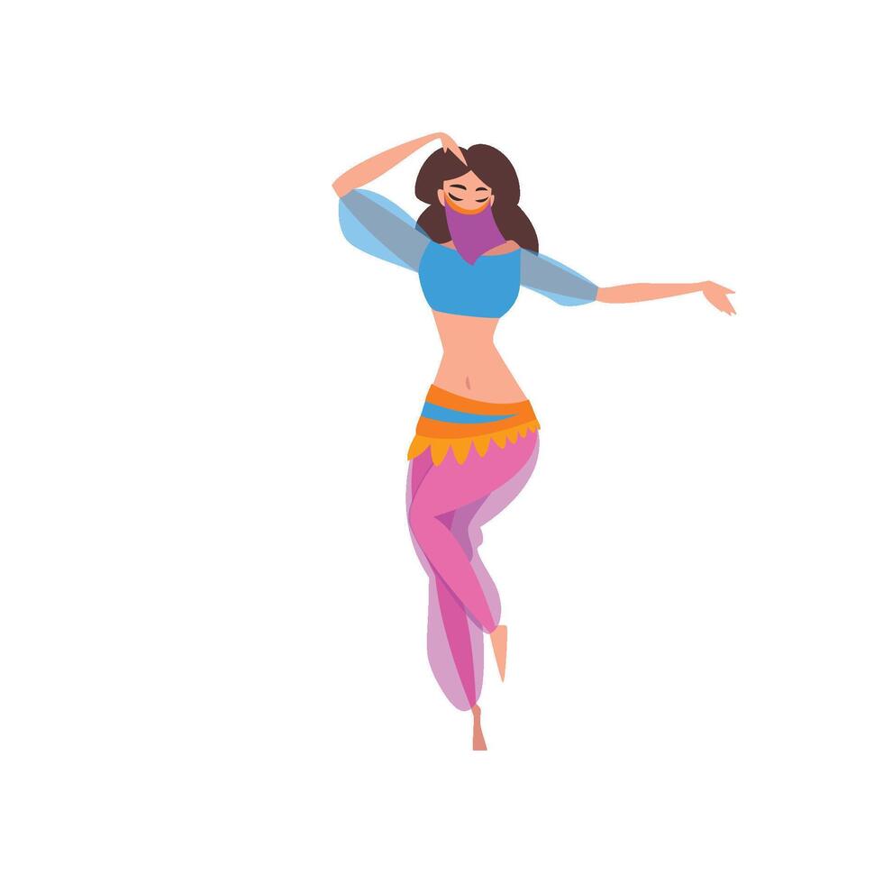 Graceful Eastern Girl Dancing Belly Dance, Oriental Indian or Arabic Dancer Character in Traditional Costume and Veil Illustration vector