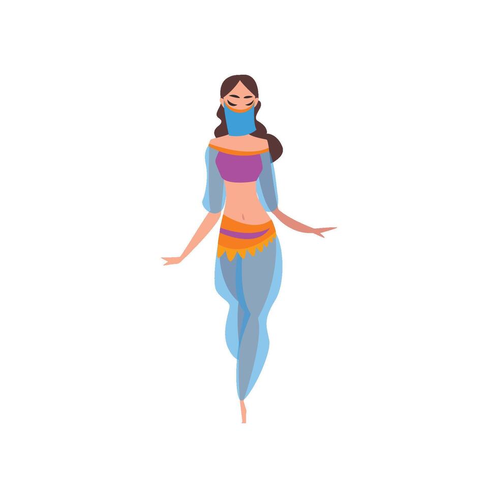 Graceful Girl Dancing Belly Dance, Oriental Indian or Arabic Dancer Character in Traditional Costume and Veil Illustration vector