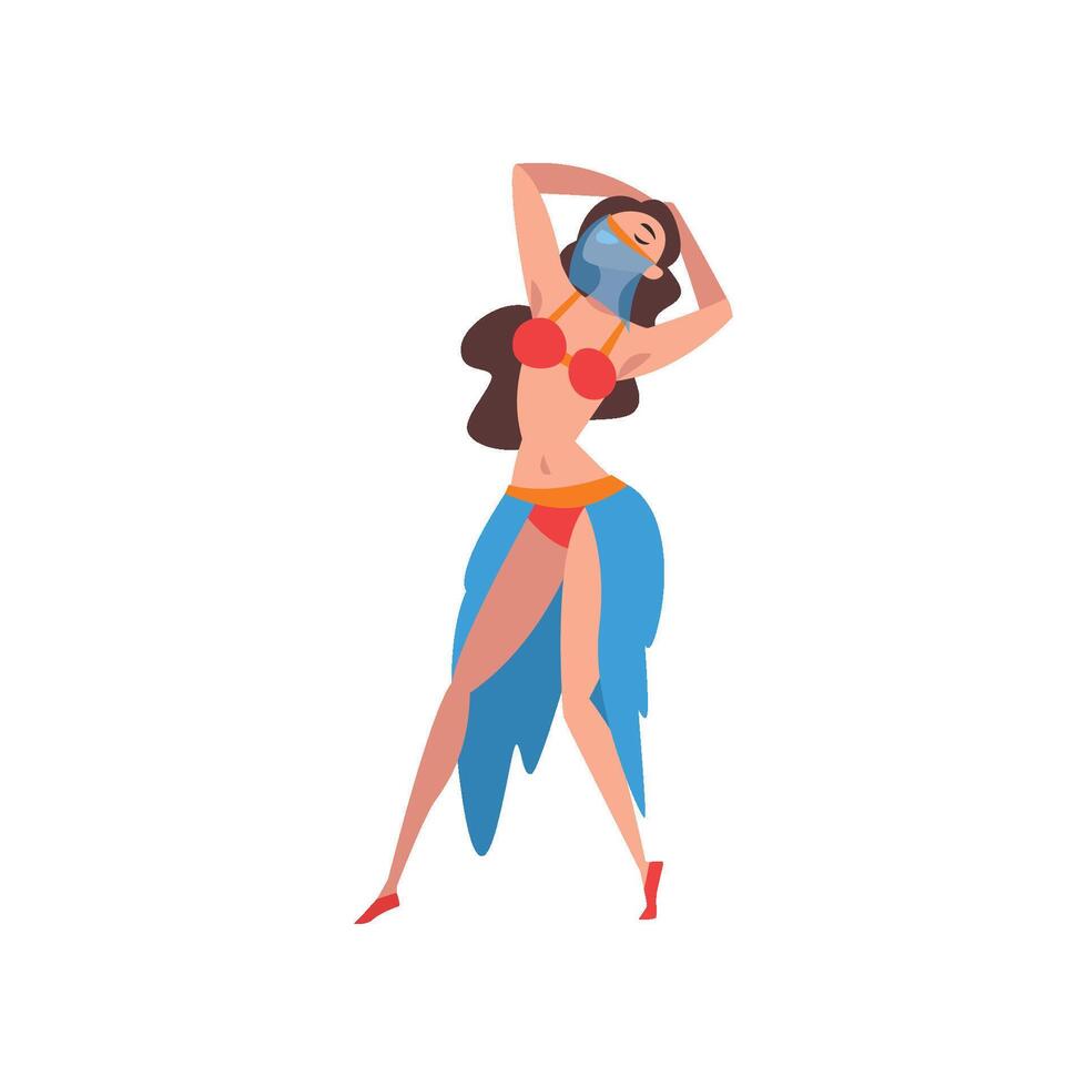 Beautiful Eastern Girl Dancing Belly Dance, Graceful Dancer Character in Traditional Costume and Veil Illustration vector