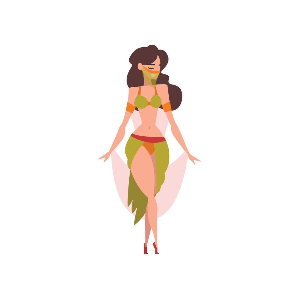 Beautiful Eastern Girl Dancing Belly Dance, Oriental Indian or Arabic Dancer Character in Green Costume Illustration vector