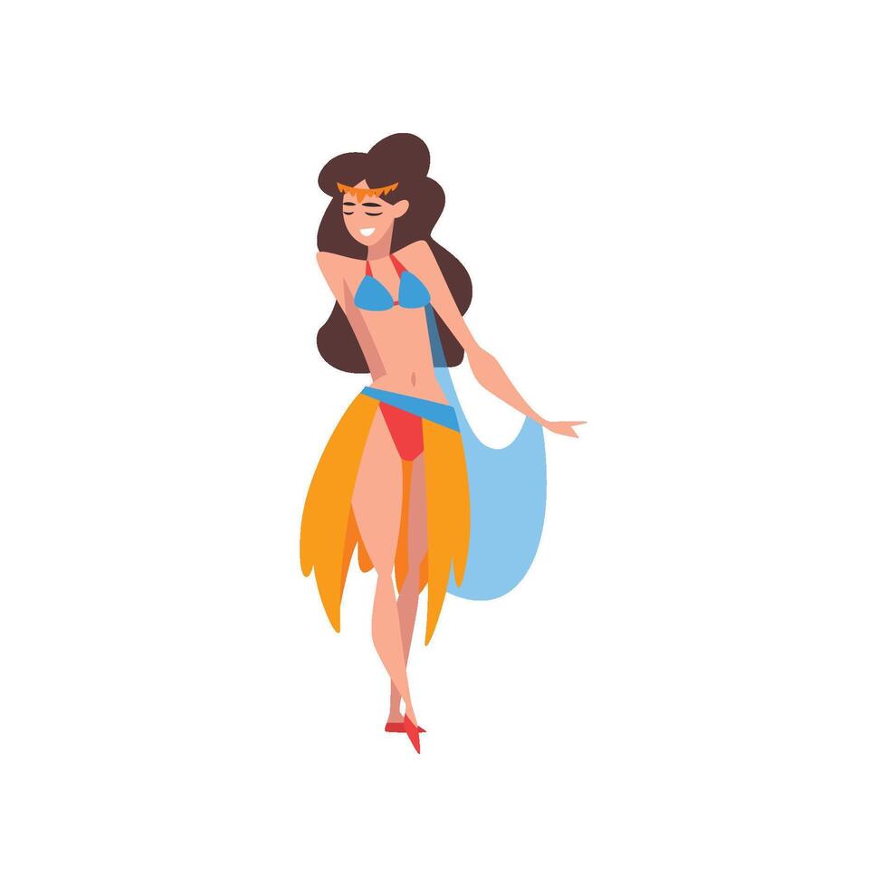 Beautiful Brunette Girl Dancing Belly Dance, Smiling Oriental Indian or Arabic Dancer Character in Traditional Costume Illustration vector