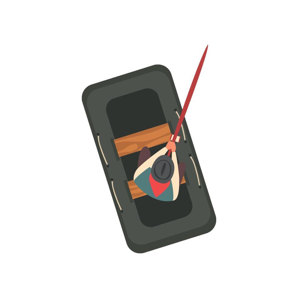 Fisherman Catching Fish in Rubber Inflatable Boat, Top View Illustration vector