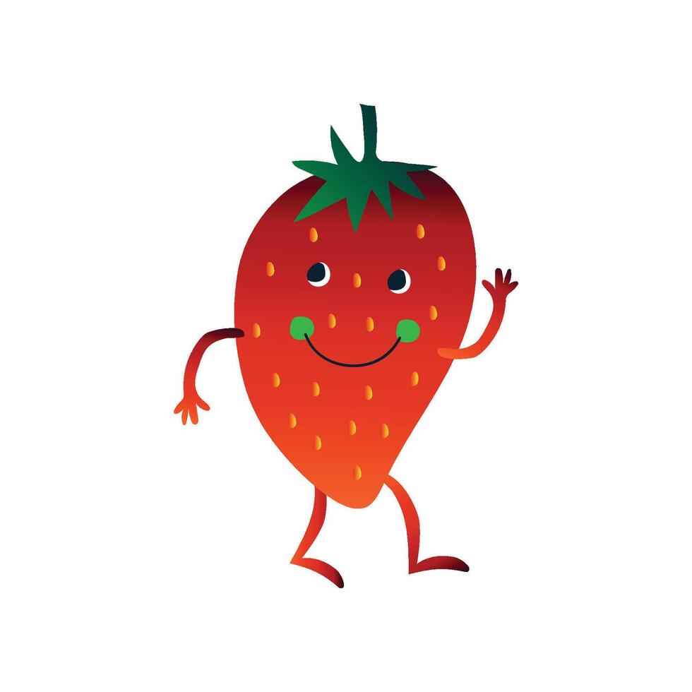 Cute Strawberry Waving its Hand, Cheerful Funny Berry Cartoon Character with Funny Face Illustration vector