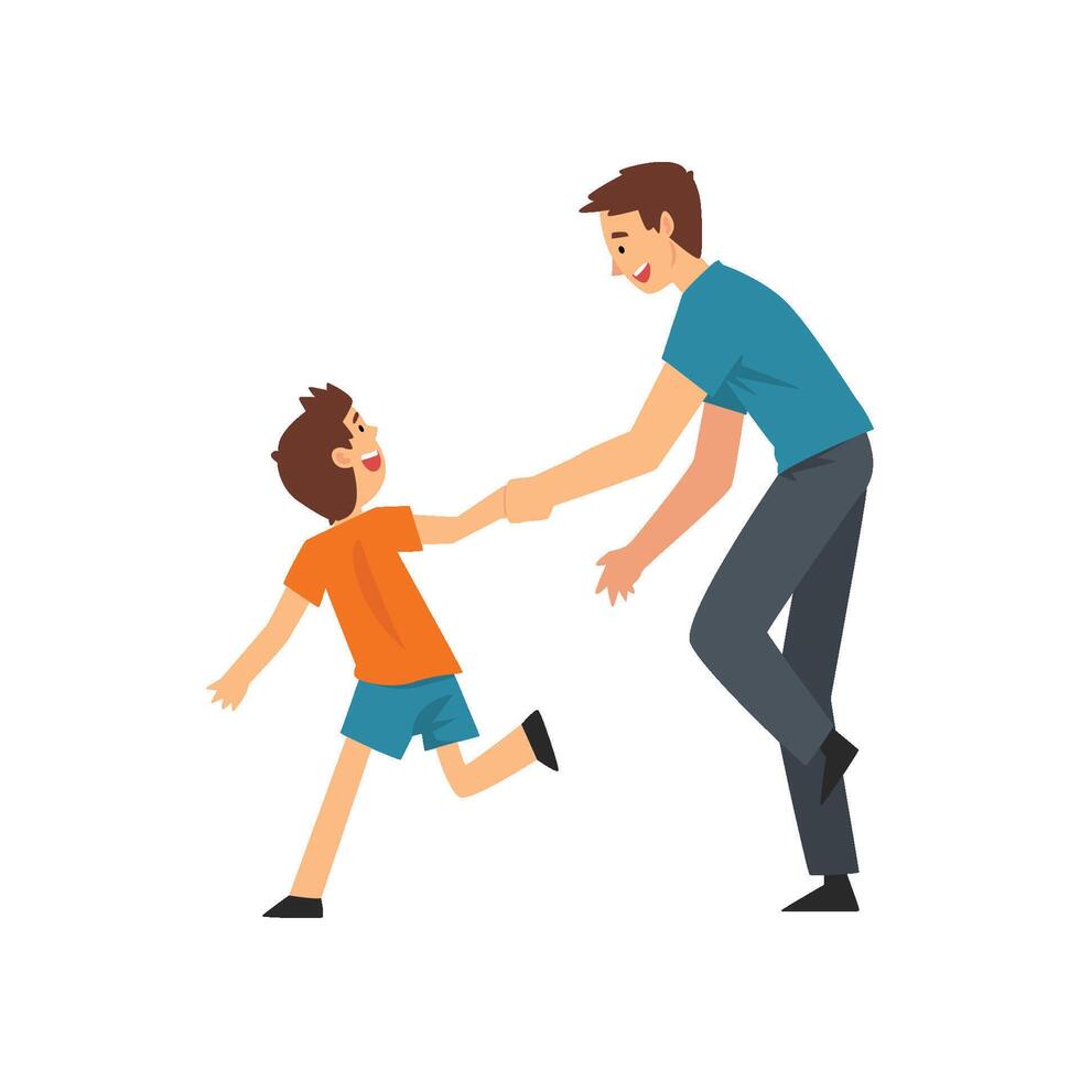 Dad and Son Playing Catch Up and Tag Game, Father and His Child Having Good Time Together, Happy Family Cartoon Illustration vector