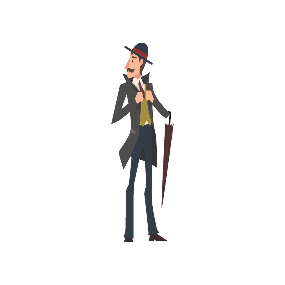 Elegant Victorian Gentleman Character Walking with Umbrella Illustration vector