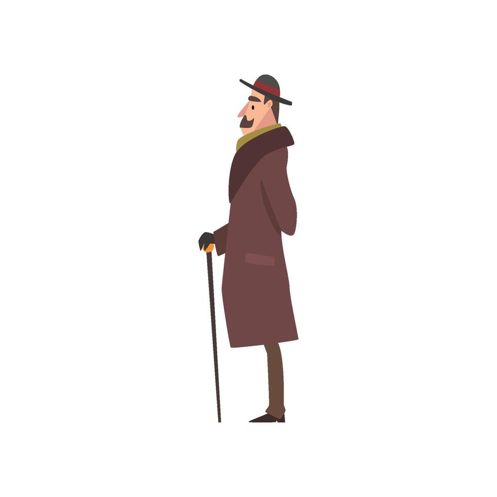 Elegant Victorian Gentleman Character in Brown Coat and Hat Walking with Cane Illustration vector