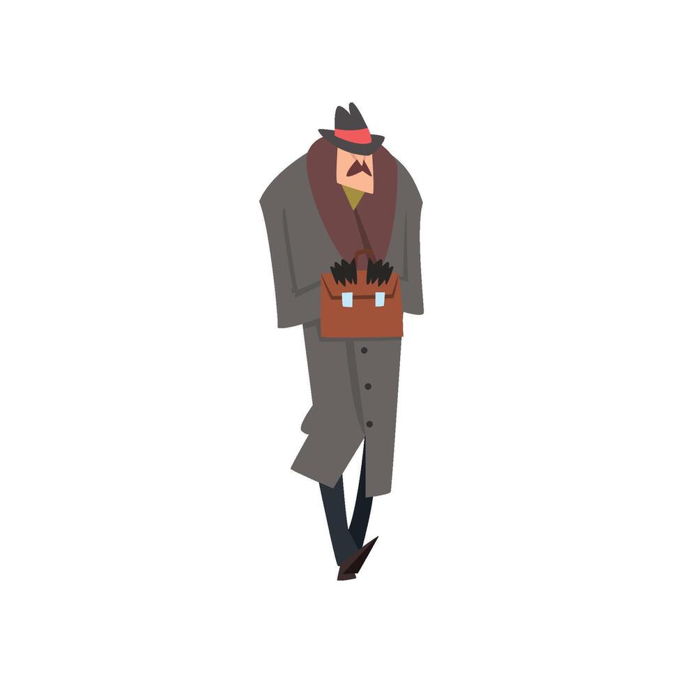 Confident Victorian Gentleman Character in Winter Grey Coat and Hat Standing with Briefcase Illustration vector