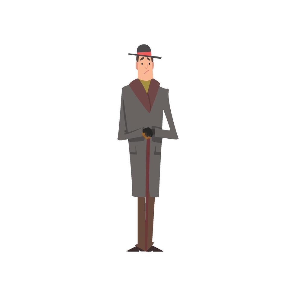 Elegant Victorian Gentleman Character in Grey Coat and Hat Standing with Walking Cane Illustration vector
