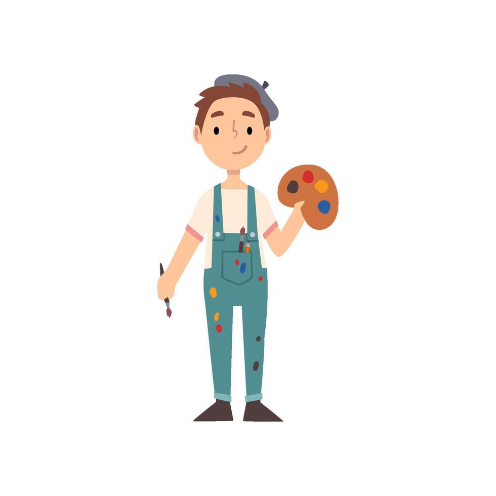 Boy Artist Character with Palette and Paintbrush, Kid Dreaming of Future Profession Illustration vector