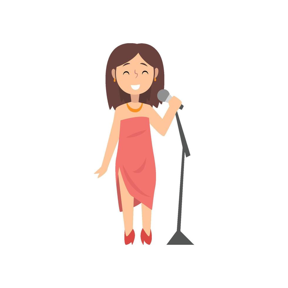 Girl Singer Character Singing with Microphone, Kid Dreaming of Future Profession Illustration vector