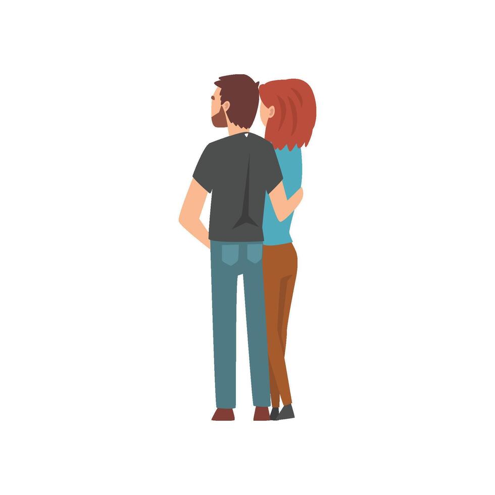 Young Man and Woman Hugging and Looking into Distance, Happy Romantic Couple on Date, Back View, Happy Lovers Characters Illustration vector