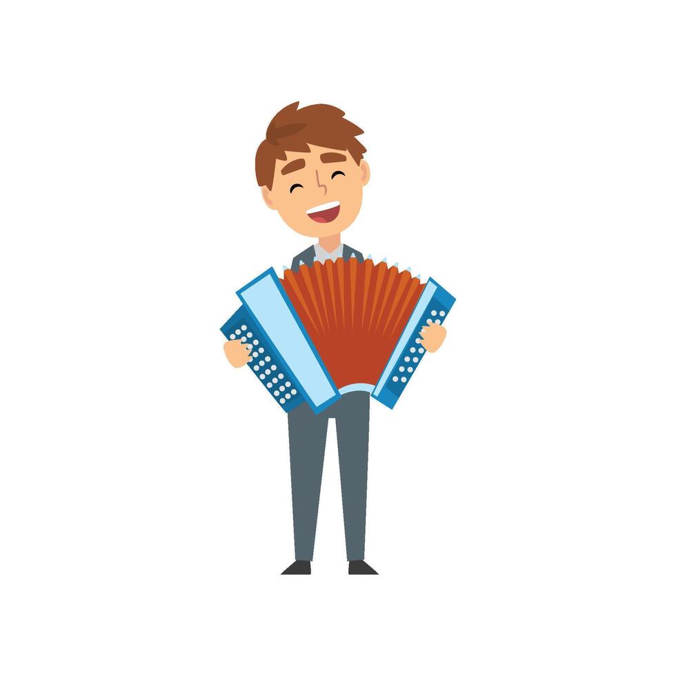 Boy Playing Accordion, Talented Young Accordionist Character Playing Acoustic Musical Instrument at Concert Illustration vector