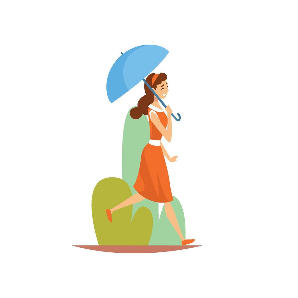 Beautiful Young Woman in Red Dress Walking in Park with Umbrella, Girl Enjoying Nature Outdoors Illustration vector