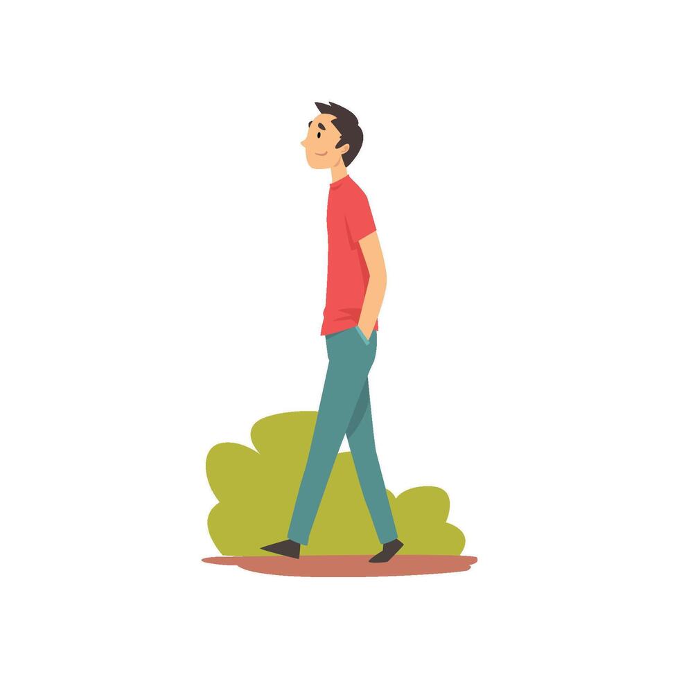 Young Man in Casual Clothes Walking in Park Illustration vector