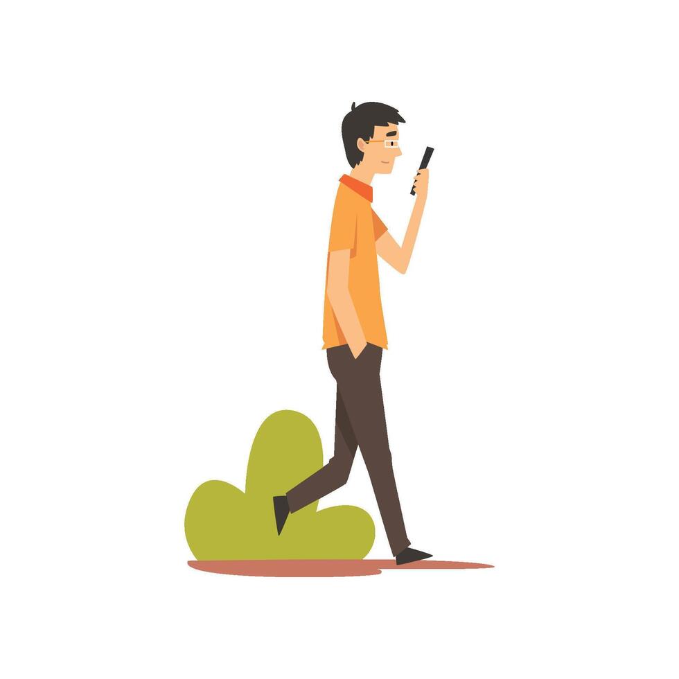 Young Man Walking with Smartphone in Park, Guy Relaxing and Enjoying Nature Outdoors Illustration vector