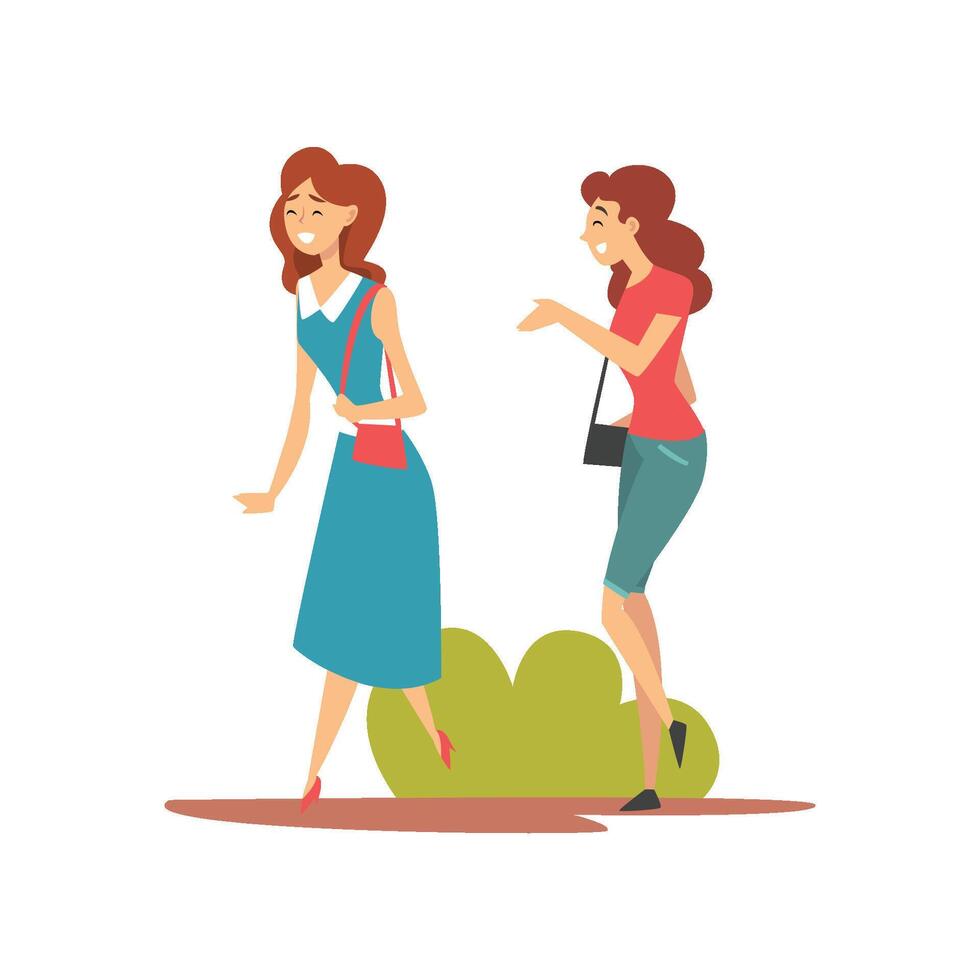Two Smiling Girls Walking in Park, Young Women Talking and Enjoying Nature Outdoors Illustration vector