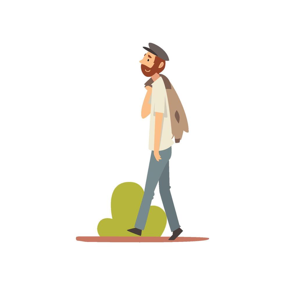 Bearded Man Walking in Park, Guy Relaxing and Enjoying Nature Outdoors Illustration vector