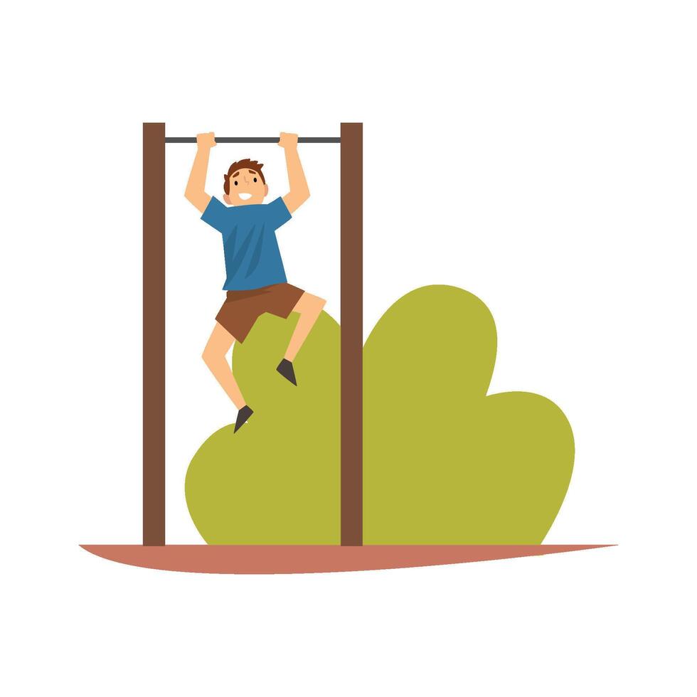 Smiling Boy Hanging on Horizontal Bar in Park or on Playground Illustration vector