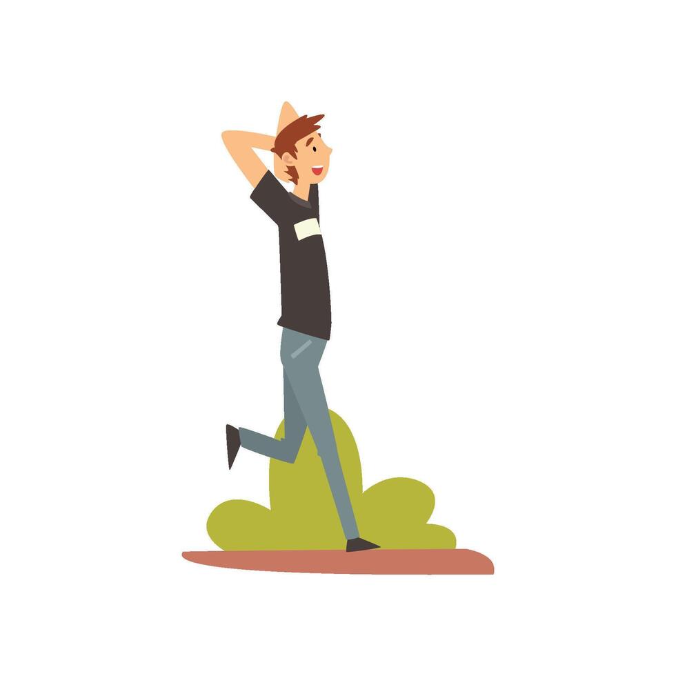 Young Man in Casual Clothes Walking in Park, Guy Relaxing and Enjoying Nature Outdoors Illustration vector