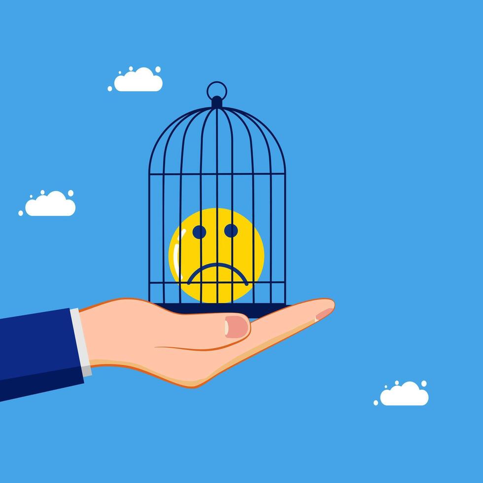 Sad smiley in a cage with clouds background vector
