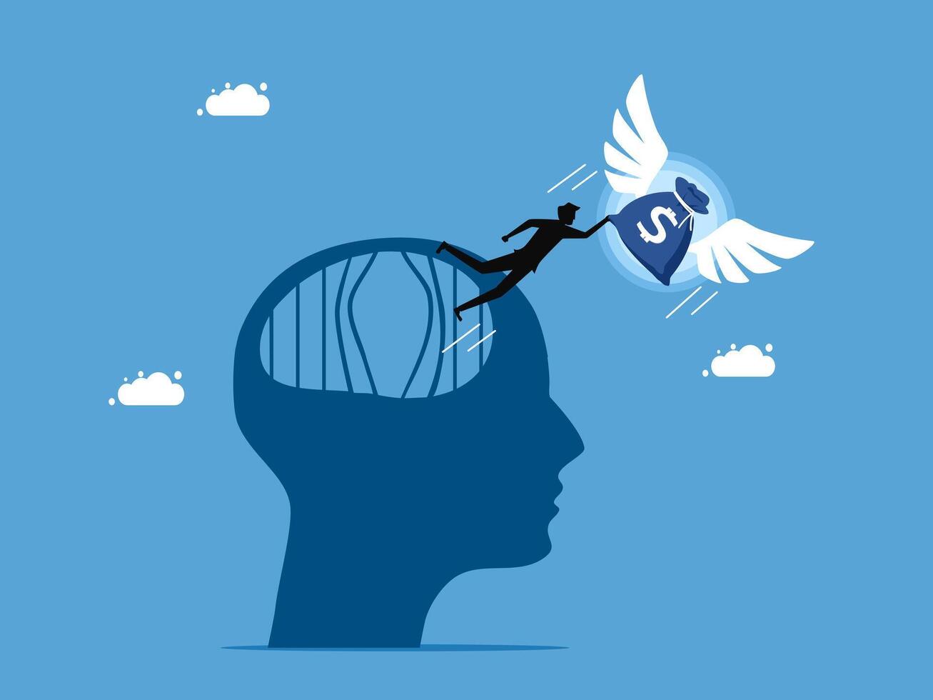man with angel wings flying over head of human head with money bag vector