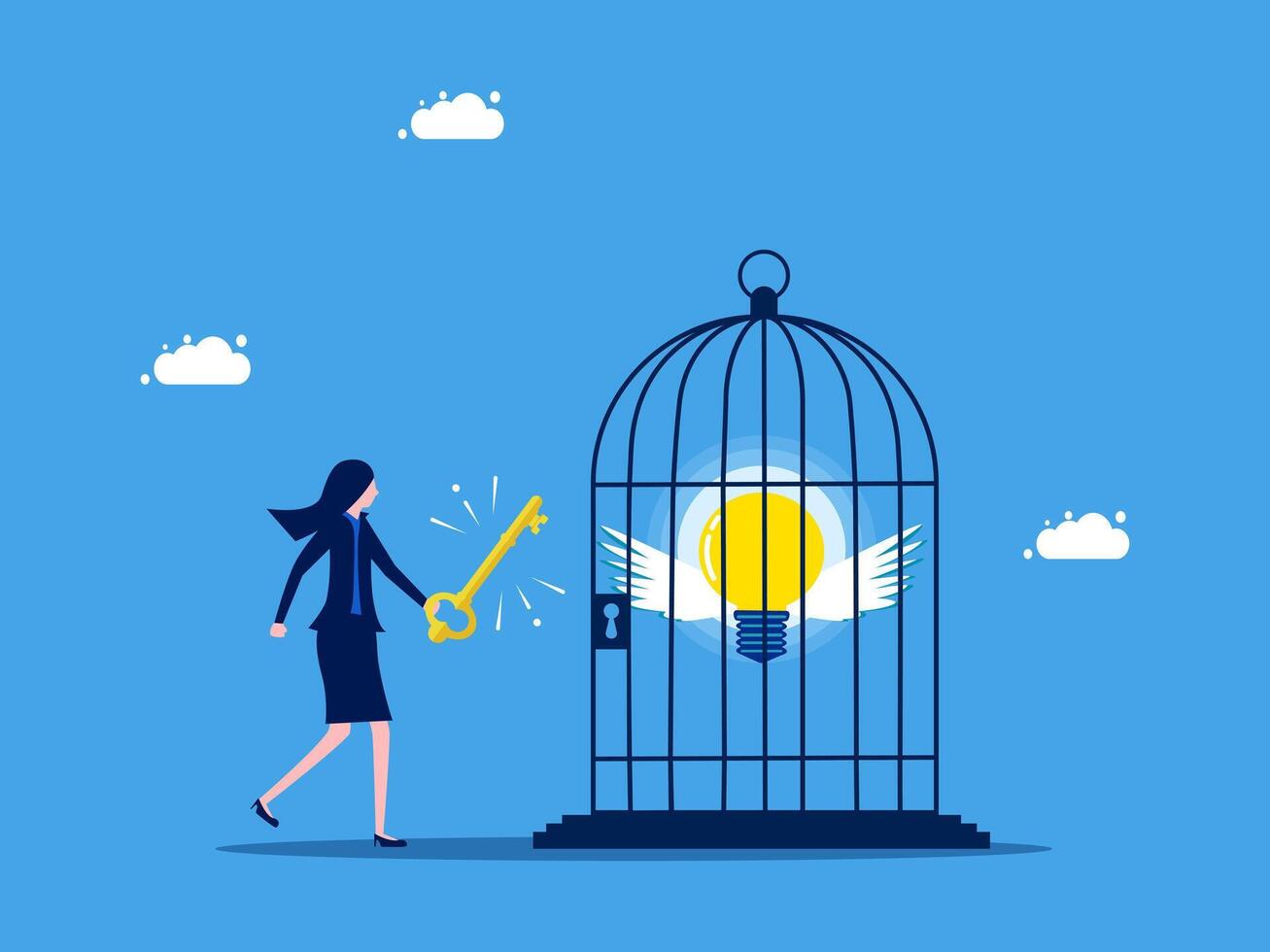 businesswoman holding key to open cage with light bulb inside vector