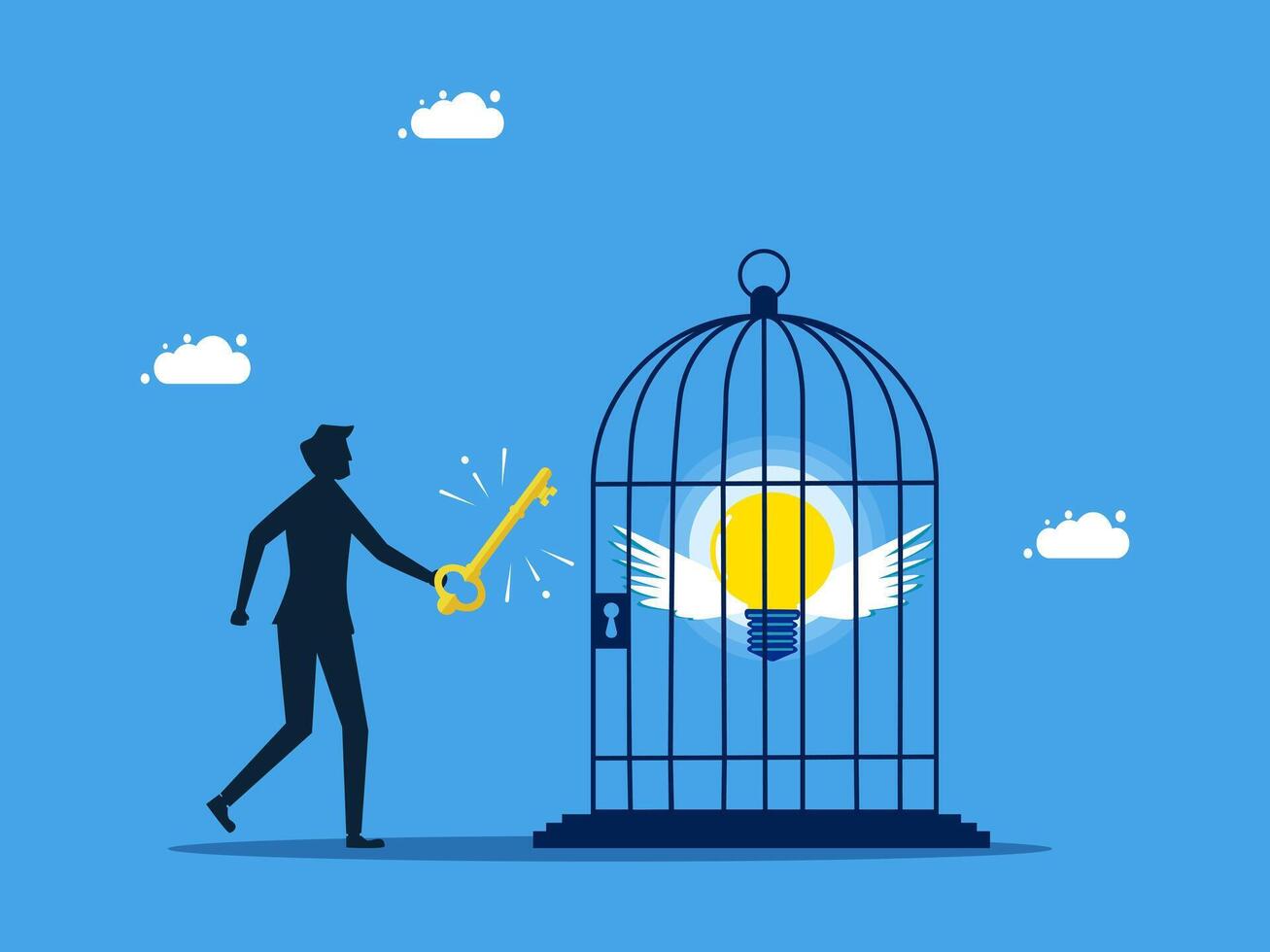 man holding key to open cage with light bulb inside vector
