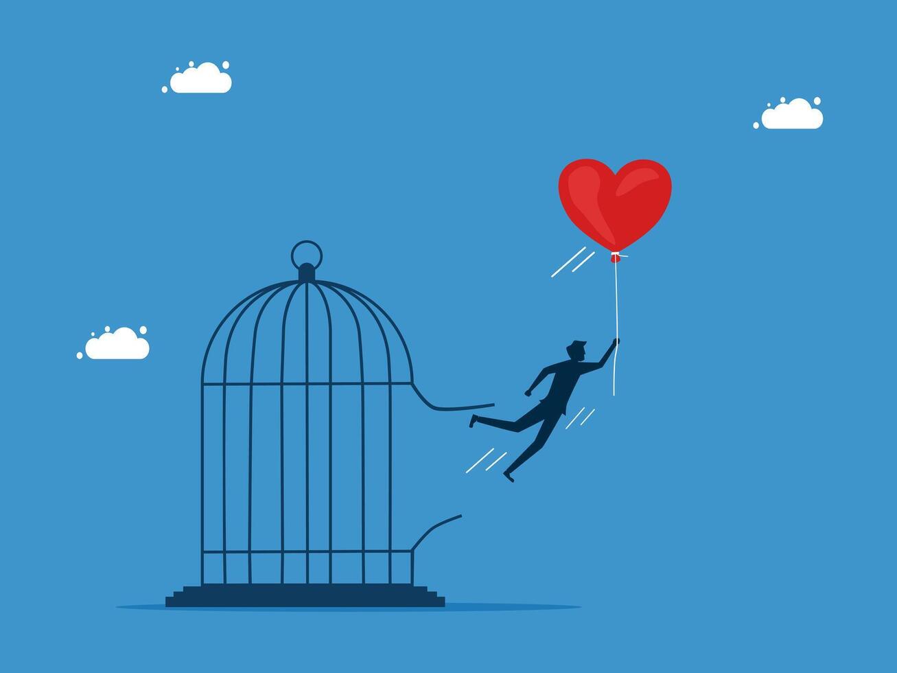 a man is flying away from a cage with a heart shaped balloon vector