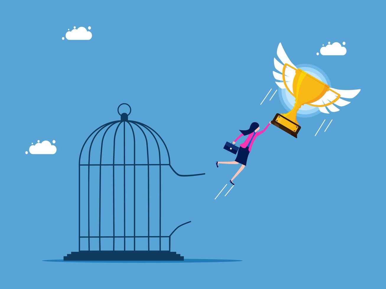 businesswoman flying away from a golden trophy in a cage vector