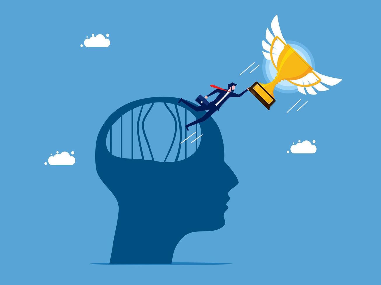 businessman with trophy in his head and wings flying over it vector