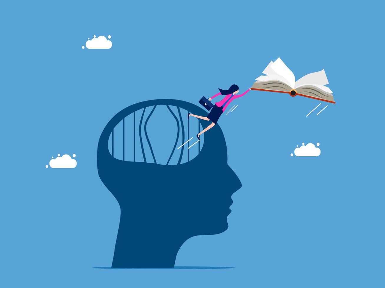 woman is flying over a book in the head of a person vector