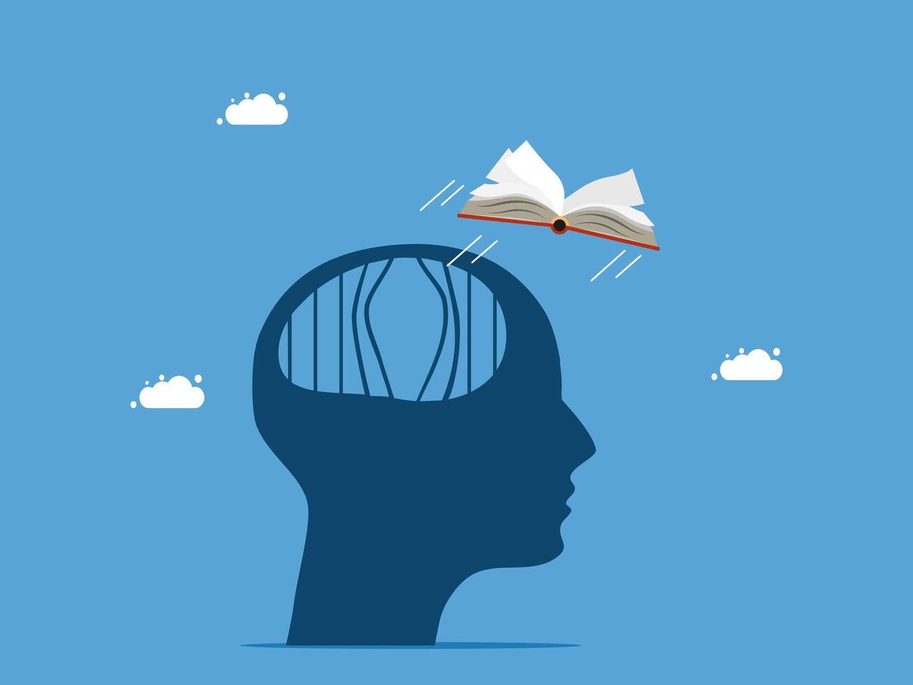 a person's head with a book flying above it vector