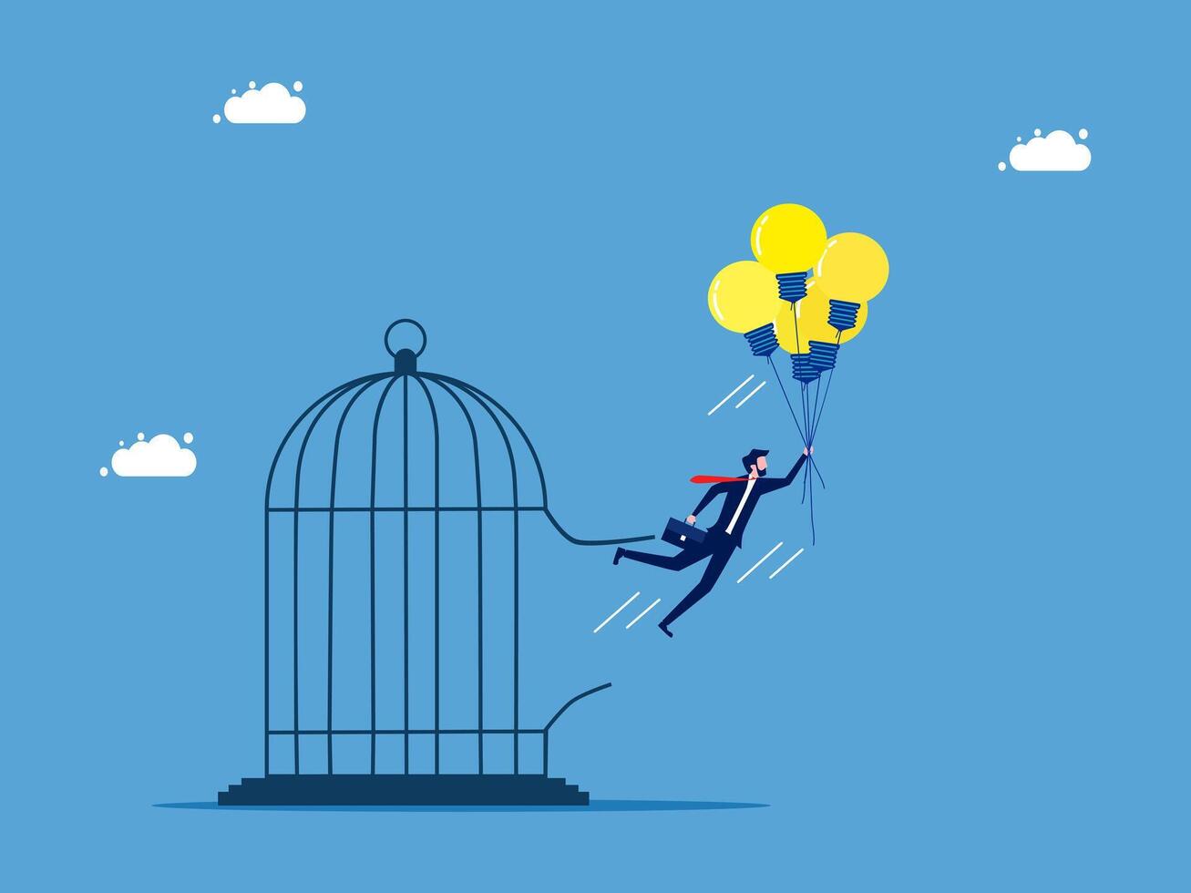 businessman in suit flying out of cage with balloons vector
