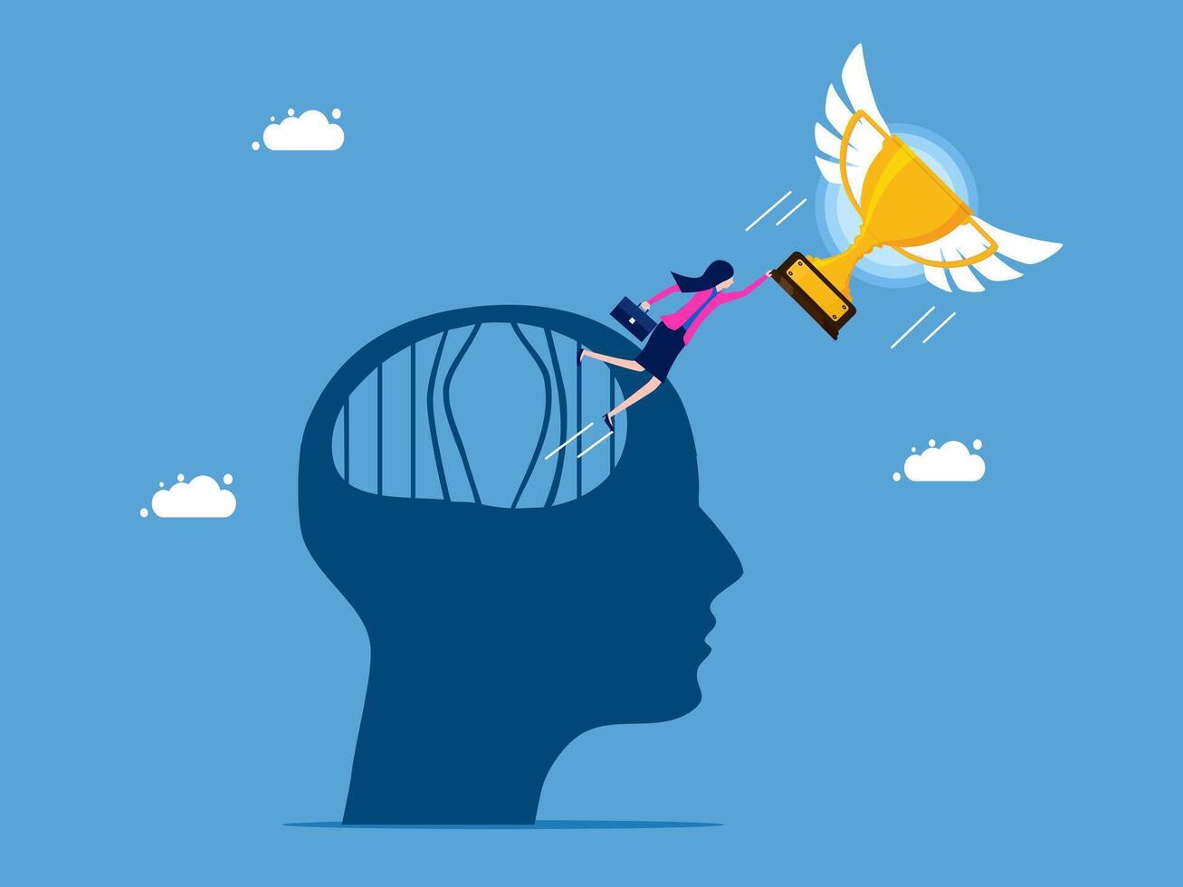 businesswoman with trophy in his head and wings flying over it vector
