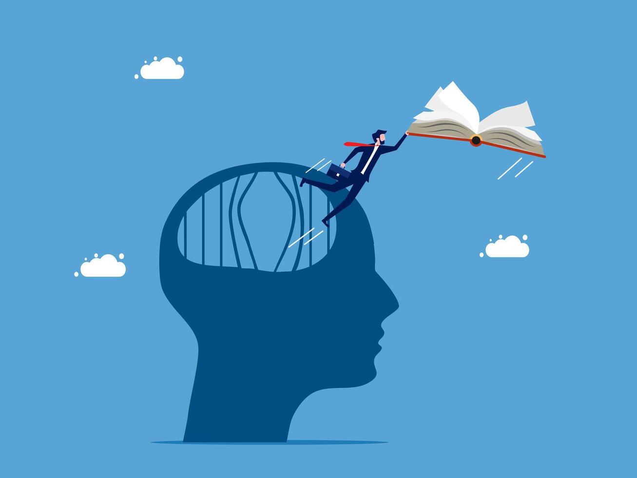 businessman is flying over a book in the head of a person vector