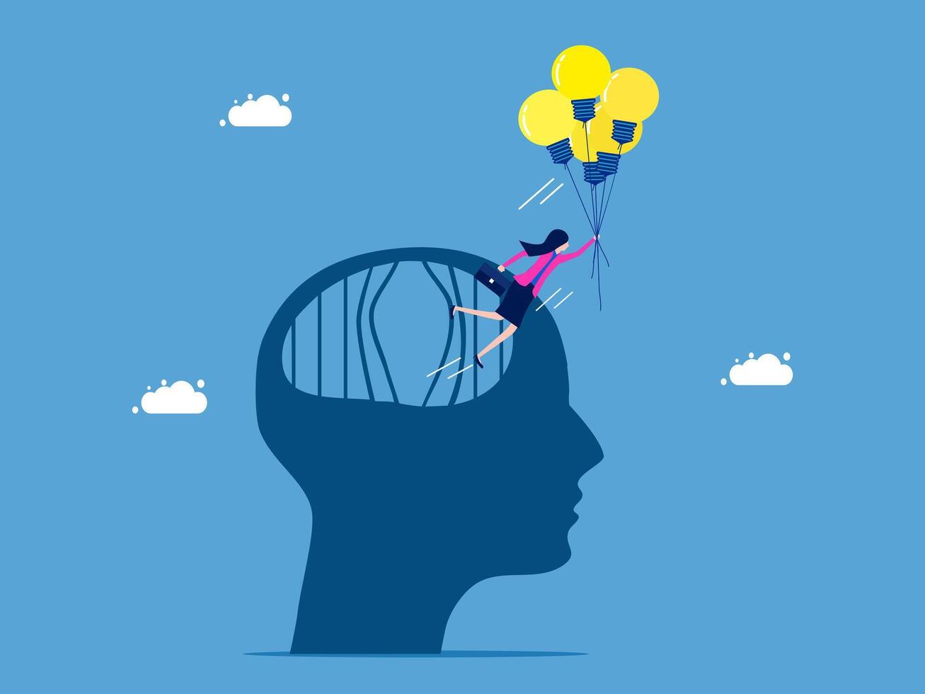 businesswoman flying with balloons in the head of a man vector