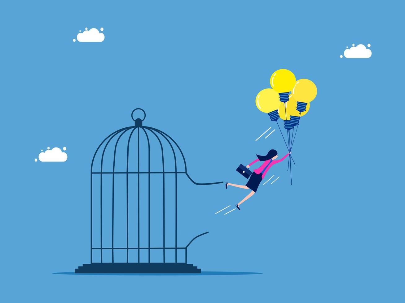 businesswoman in suit flying out of cage with balloons vector