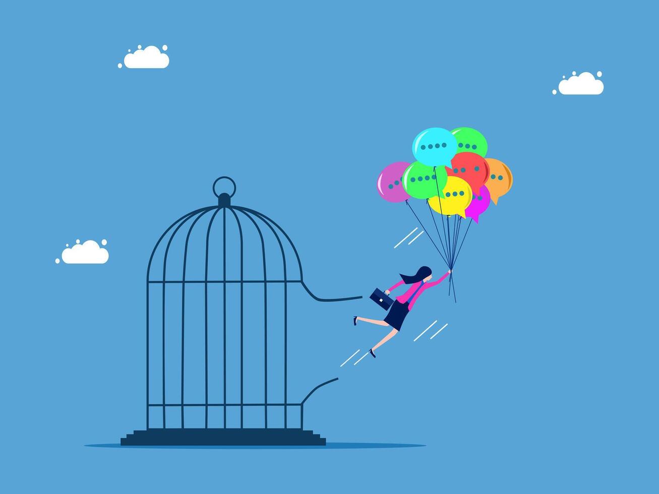 businesswoman flying out of a cage with colorful balloons vector