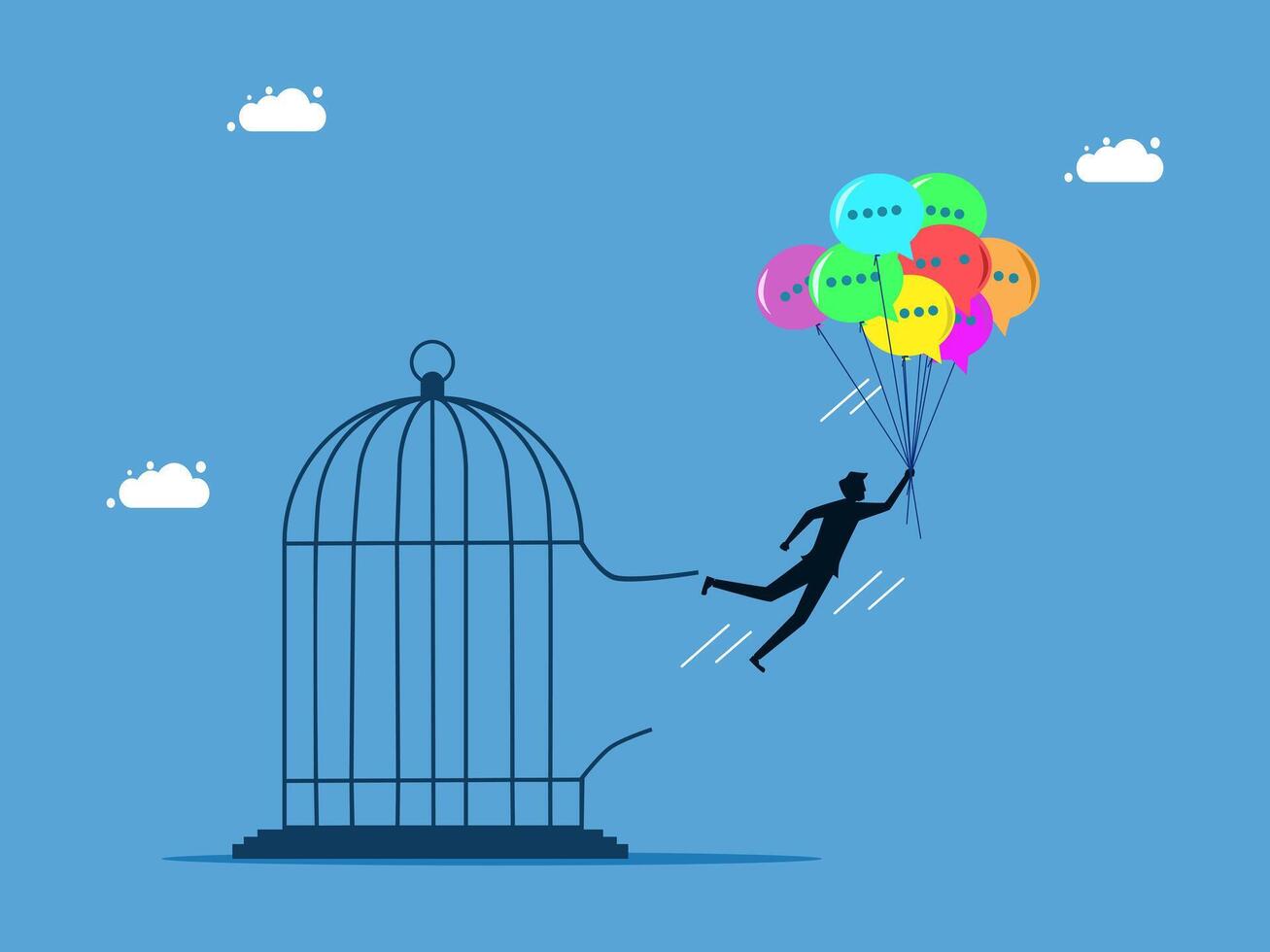 businessman flying out of a cage with colorful balloons vector