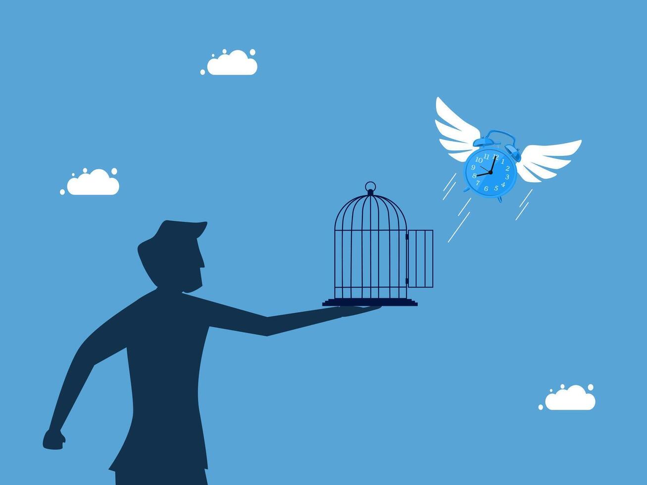 a man is holding a bird cage with a blue bird flying out of it vector
