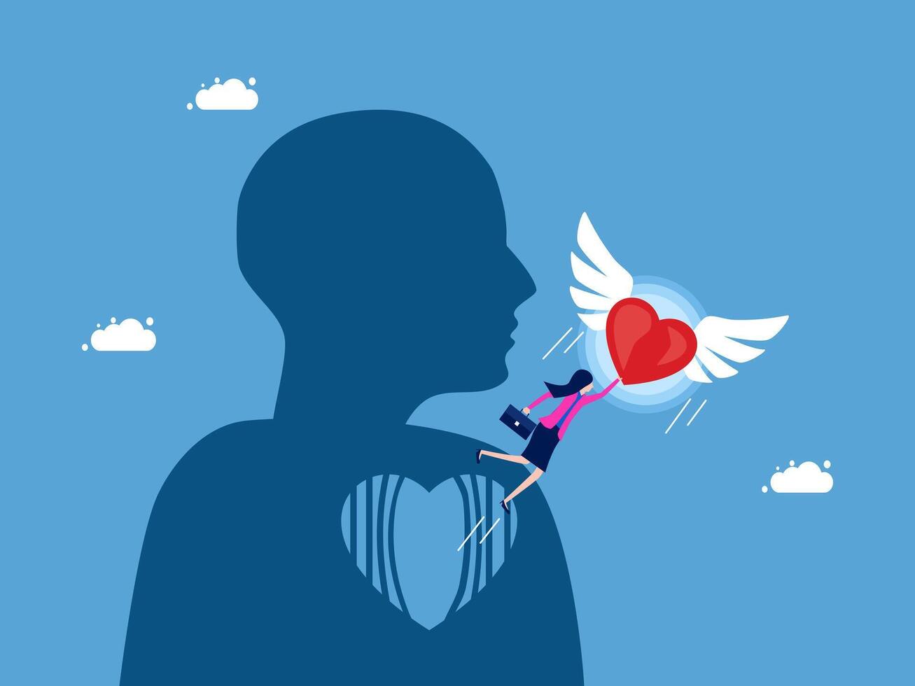 a silhouette of a woman holding a heart with wings vector